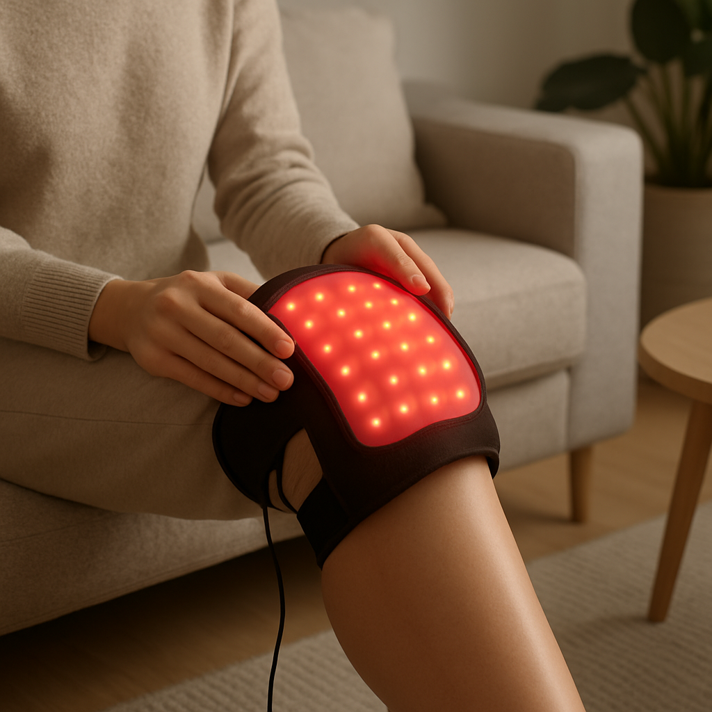 Person using a red light therapy wrap on their knee at home